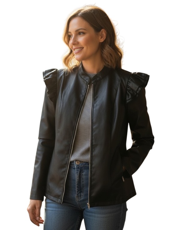SHEIN Jackets & Blazers - SHEIN XL 0X Black Faux Vegan Leather Zip Jacket Ruffles On Shoulders